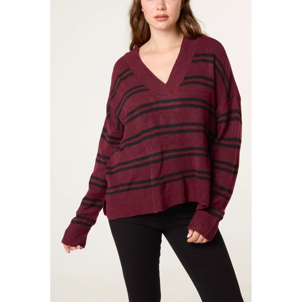 A.N.A. NWOT Womens XL V-Neck Striped Sweater Maroon Wine Black Y2K Academia